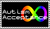A stamp with a black background and the rainbow infinity symbol in the back that says 'Autism Acceptance' in white text.