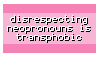 A light pink stamp with a very thick darker pink middle stripe witch has the words 'Disrespecting neoprounouns is transphobic' in the middle in white text.